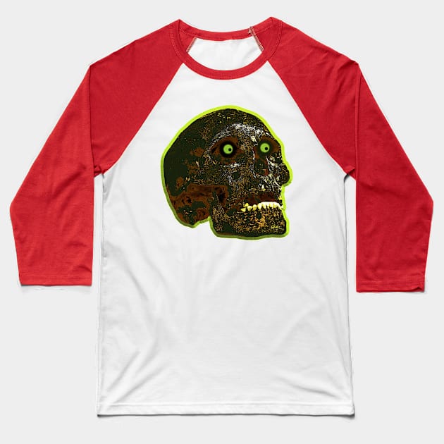 Burnt skull with glowing green eyes Baseball T-Shirt by dalyndigaital2@gmail.com